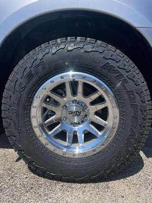  Close-up of Dirty Life alloy wheels with Falken Wildpeak all-terrain tyre.
