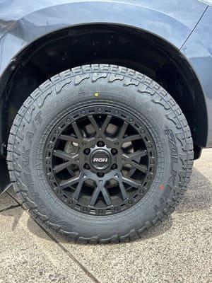  Close-up of black ROH wheel fitted with Falken Wildpeak AT3W tyre on BT-50.